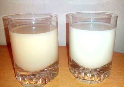 Vlevo ovesný nápoj Bio Oatly natural, vpravo polotučné mléko